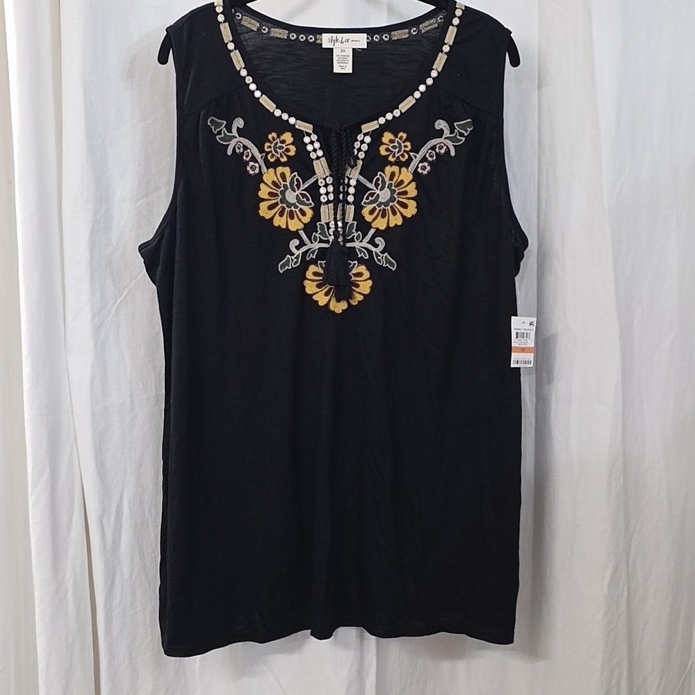 Style & Co 3X Black Slub Knit Embroidered Tank Top Yellow Floral Boho Design